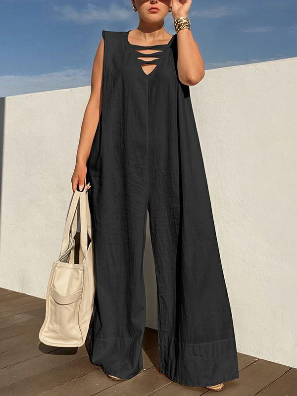 Womens Loose Sleeveless Hollow Solid Color V-Neck Jumpsuits | Two Pieces Set & Jumpsuits Clothing Two Pieces Set & Jumpsuits