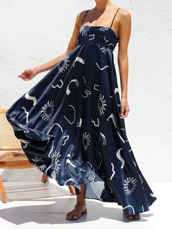 Womens Loose Sleeveless Printed Split-Joint Spaghetti-Neck Maxi Dresses | Dresses Clothing Dresses