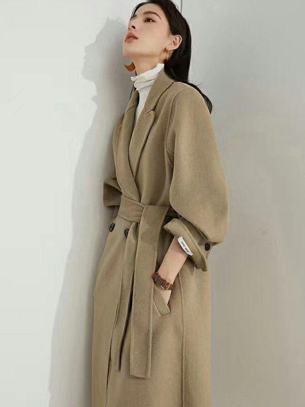 Womens Office Belted Solid Color Notched Collar Wool Overcoat | Tops Clothing Tops