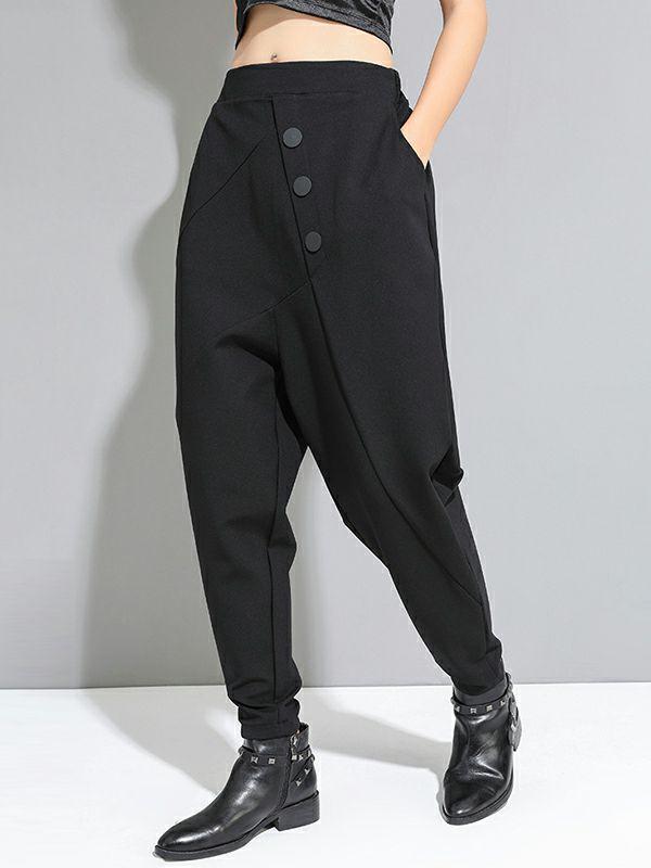 Womens Personality Black With Button High-Waist Harem Pants | Bottoms Bottoms Bottoms