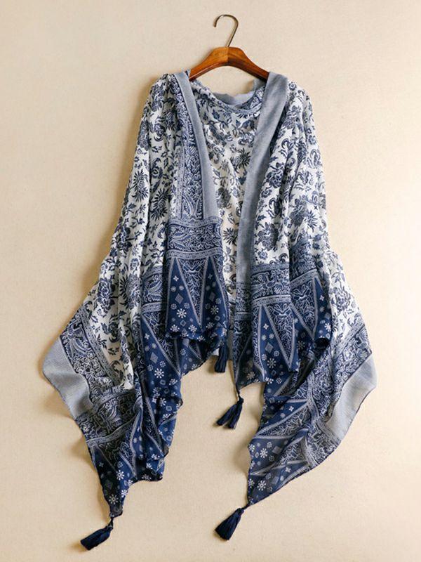 Womens Printed Blue-And-White Sun-Protection Tasseled Shawl&Scarf | Accessories Accessories Accessories