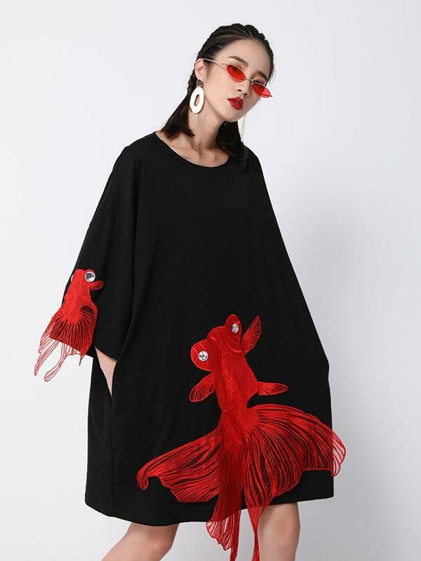 Womens Red Goldfish Embroidered Loose Round Neck T-Shirt Dress | Tops Clothing Dresses