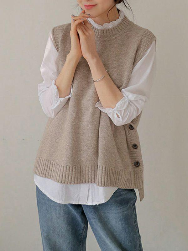 Womens Simple Sleeveless Loose Buttoned Solid Color Round-Neck Sweater Vest Outerwear | Tops Clothing Tops