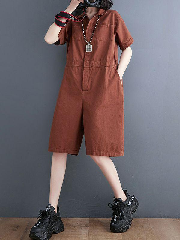 Womens Simple Solid Color Lapel Short Sleeve Jumpsuits | Two Pieces Set & Jumpsuits Clothing Two Pieces Set & Jumpsuits