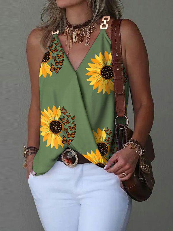 Womens Sleeveless Flower Print Split-Joint V-Neck Vest Top | Tops Clothing Tops