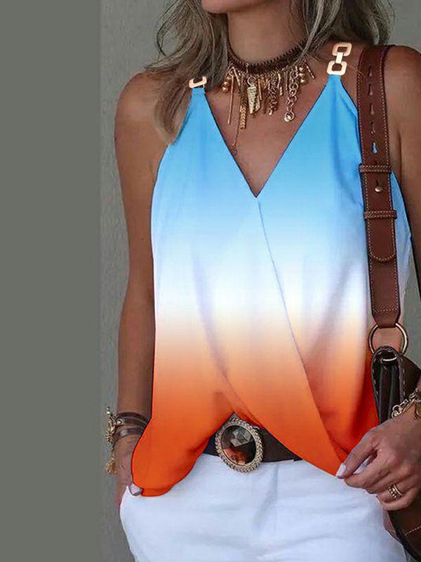 Womens Sleeveless Gradient Split-Joint V-Neck Vest Top | Tops Clothing Tops