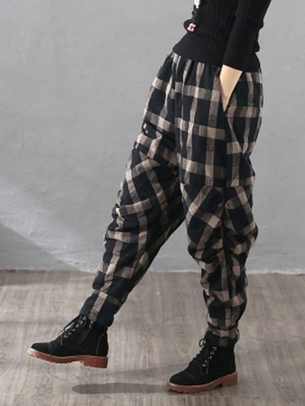 Womens Vintage Plaid Thickening Pleated Harem Pants | Bottoms Bottoms Bottoms